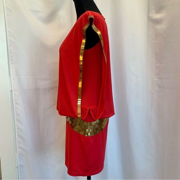 Bebe coral red gold sequin open sleeve V-neck mini dress Sz S - Picture 7 of 16